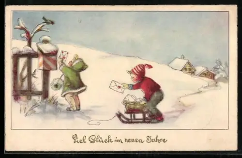 AK Kinder im Winter beim Austragen von Briefen