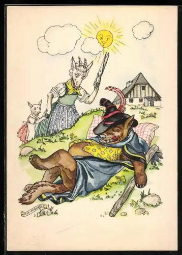AK Indanthren-Reklame f. Stoffe, Der Wolf und die 7 Geisslein, Mutter Geiss auf dem Weg zum Wolf