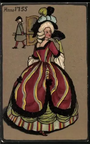 AK Reklame für Kaffeezusatz Cichorien Daniel Voelcker, junge Frau im Kleid mit Fächer Anno 1755, Sänftenträger