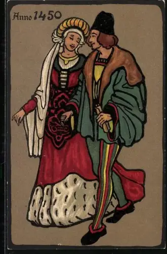 AK Wohlhabendes Paar im Jahre 1450 in zeitgenössischer Mode