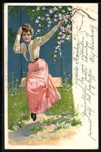 AK Fraulein auf einer Schaukel am blühenden Baum, Pfingstgruss