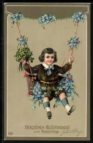 AK Kleines Kind auf blumengeschmückter Schaukel