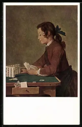 AK Mädchen beim Aufstellen von Spielkarten, Kartenspiel