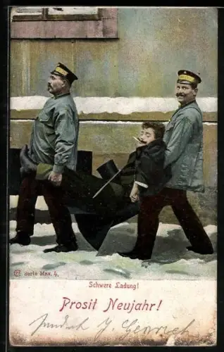 AK Zwei Pagen tragen einen Betrunkenen am Neujahrstage