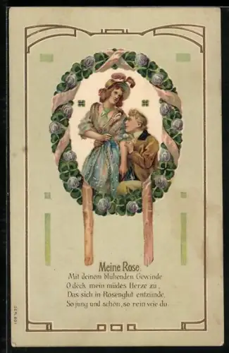 Präge-AK Verliebtes Paar im Rosenkranz, Biedermeier
