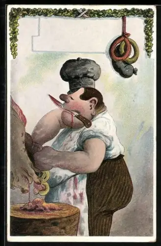 Künstler-AK Fleischer beim Ausnehmen von geschlachtetem Schwein