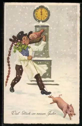 AK Fleischer mit Fleischwaren und Wurstwaren und Glücksschwein