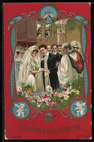 AK Hochzeitspaar in der Kirche während der Trauung im Passepartout