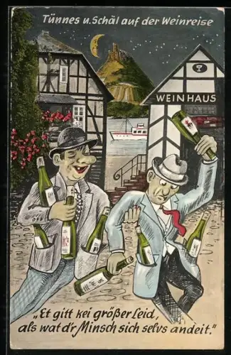 AK Köln, Tünnes und Schäl auf der Weinreise vor einem Weinhaus