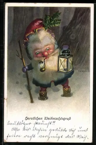 Künstler-AK H. Zahl: Zwerg mit weissem Bart, Pfeife und Lampe stapft durch den Wald, Herzlichen Weihnachtsgruss