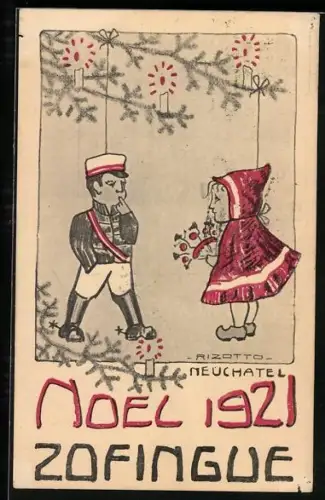AK Neuchatel, Verbindungsstudent hängt als Anhänger am Weihnachtsbaum, Weihnachten 1921, studentische Szene