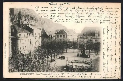 AK Belfort, La Place d`Armes avec kiosque et bâtiments environnants