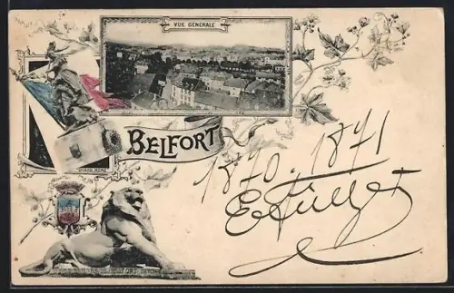 AK Belfort, Vue générale avec le lion emblématique et détails décoratifs floraux