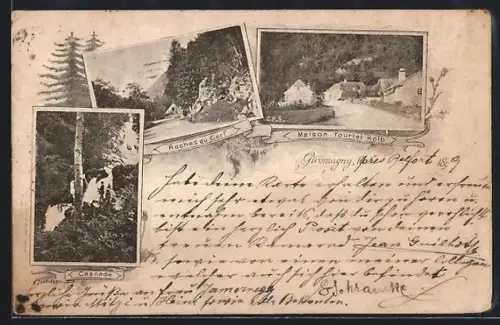 AK Giromagny, Roches du Cerf et Maison Fournel Kolb avec Cascades