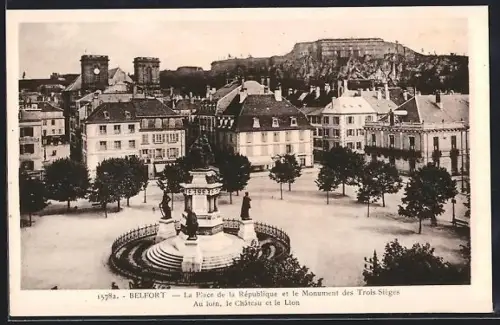 AK Belfort, La Place de la République et le Monument des Trois Sièges, au loin le Château et le Lion