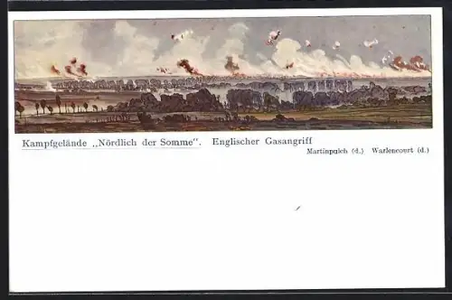 Künstler-AK Martinpuich, Kampfgelände Nördlich der Somme, Englischer Gasangriff