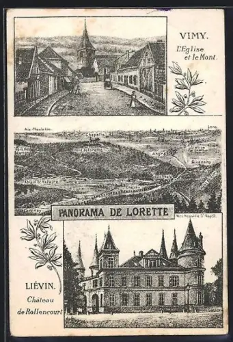 Künstler-AK Vimy, L`Eglise et le Mont, Panorama de Lorette Liévin, Château de Rollencourt