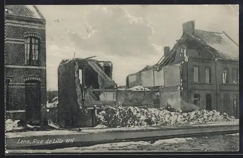 AK Lens, Rue de Lille 1916, bâtiments détruits après les bombardements