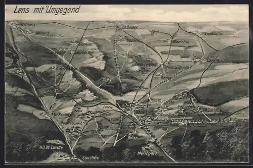 AK Lens, Vue aérienne des environs avec villages et chemins de fer