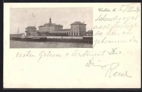 AK Calais, Terminus-Hôtel et Gare Maritime avec bateau amarré