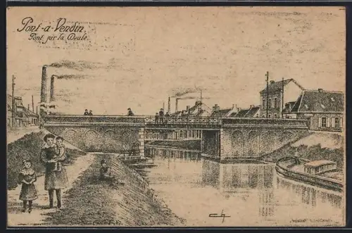 AK Pont-à-Vendin, Pont sur la Beule avec vue sur le canal et les bâtiments industriels