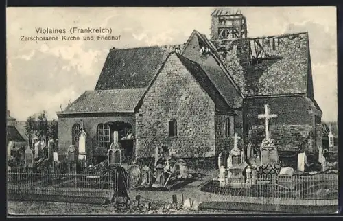 AK Violaines, Église détruite et cimetière