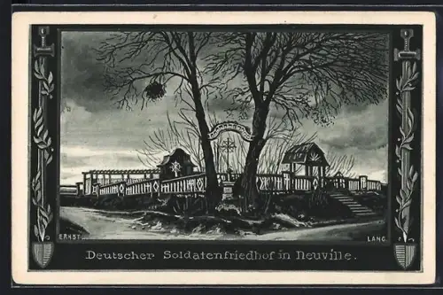 AK Neuville, Cimetière militaire allemand avec portique et arbres en hiver