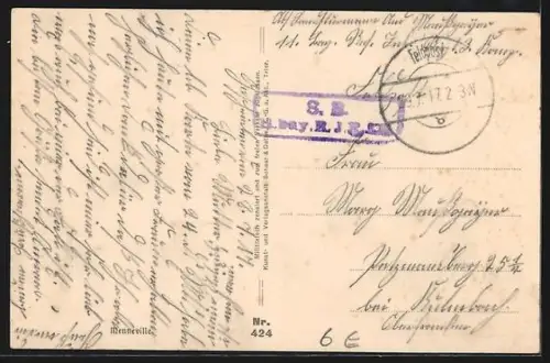 AK Menneville, Ortspartie mit Soldaten in Uniform