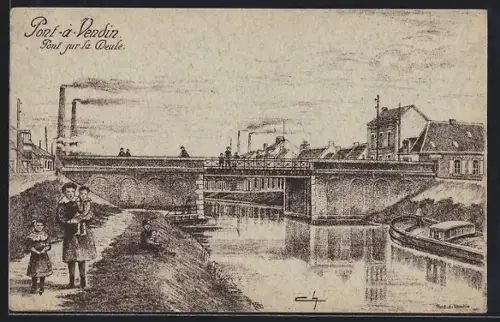 Künstler-AK Pont-à-Vendin, Pont sur la Deule