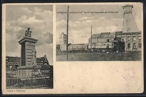 AK Sallaumines, Kohlenzeche Courrier und Denkmal der Katastrophe vom 10. März 1906