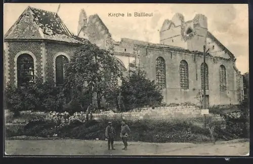 AK Bailleul, Église en ruines avec des soldats au premier plan
