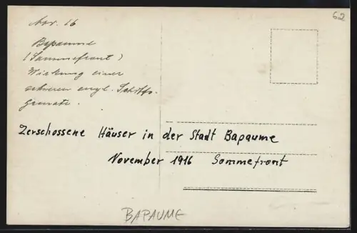 AK Bapaume, Maisons détruites dans la ville après un bombardement en novembre 1916