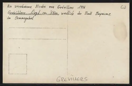 AK Grévillers, Église détruite en 1916 durant la guerre