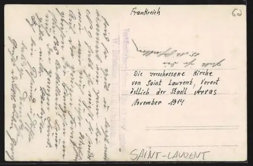 AK Saint-Laurent, Église détruite près d`Arras, novembre 1914