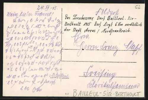 AK Bailleul-Sir-Berthoult, Le village détruit après les bombardements de 1915