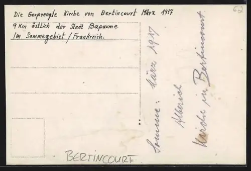 AK Bertincourt, Église en ruines après bombardement