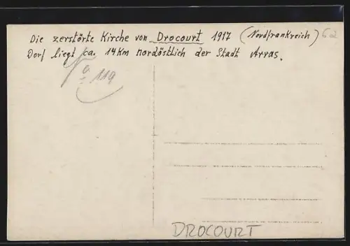 AK Drocourt, Église détruite après des combats en 1917
