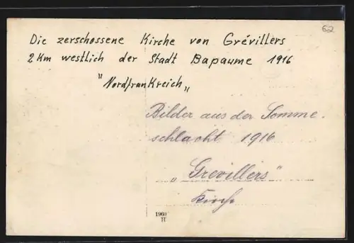AK Grévillers, Église détruite après la bataille de la Somme 1916