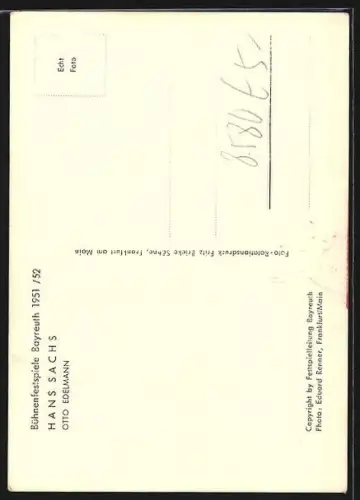 AK Bayreuth, Bühnenfestspiele Bayreuth 1951-52, Schauspieler Otto Edelmann als Hans Sachs