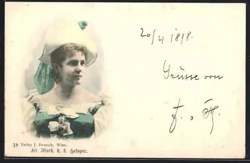 AK Opernsängerin Frl. Mark im Kostüm mit Hut