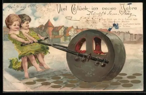 Lithographie Kinder ziehen ein Rad über eine Strasse mit Münzen