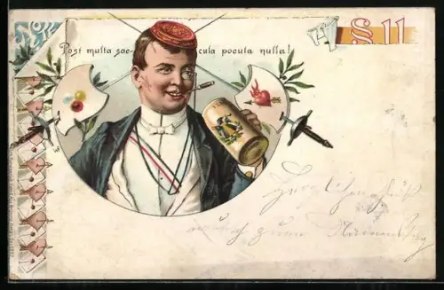 Lithographie Student mit Mütze und Bierkrug