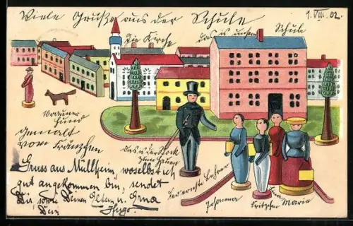 Künstler-AK Spielfiguren aus Holz, Holzspielzeug-Figuren mit Häusern