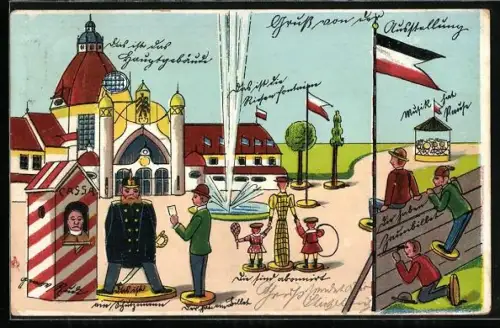 Lithographie Holzspielzeug-Figuren mit einem Springbrunnen