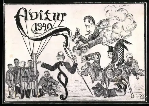 Künstler-AK Absolvia Abitur 1940, Fotomontage mit den Gesichtern der Schüler