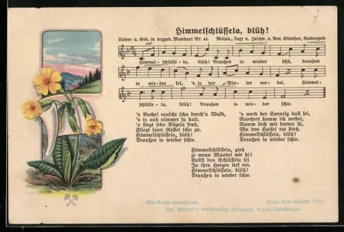 Lied-AK Anton Günther Nr. 44: Liedtext und Musiknote Himmelschlüsseln, blüh!