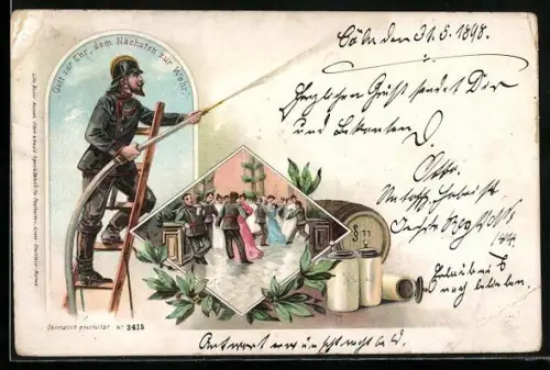Lithographie Feuerwehr-Mann bei der Löscharbeit, Feuerwehr-Männer bei einem Ball