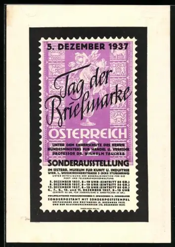 AK Wien, Sonderausstellung zum Tag der Briefmarke 1937, Museum für Kunst und Industrie in der Weisskirchenstrasse 3