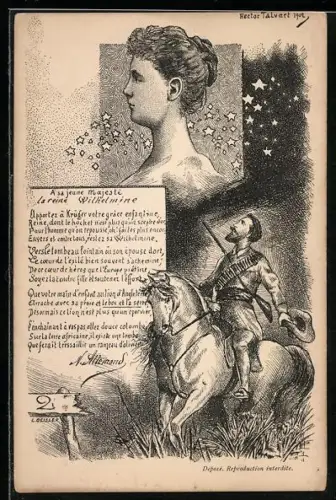 Lithographie Königin Wilhelmine von den Niederlanden, Soldat zu Pferd