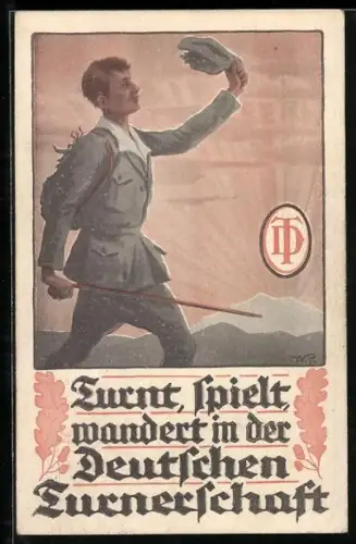 Künstler-AK Wanderer mit Wanderstock, Deutsche Turnerschaft